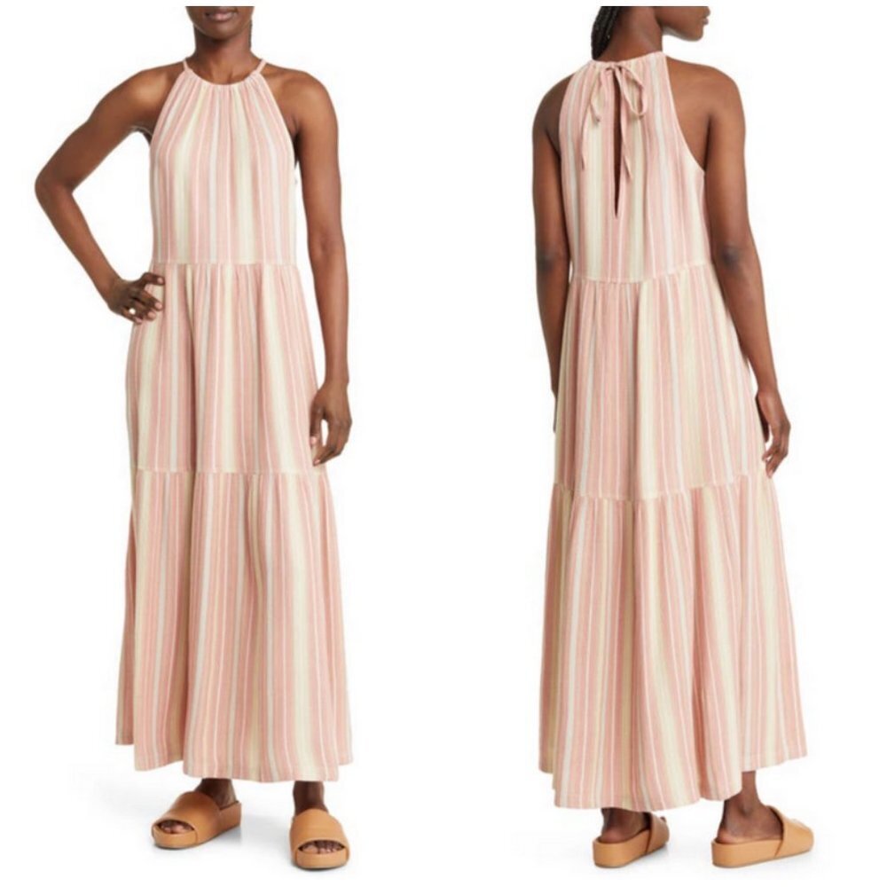 TREASURE & BOND Stripe Tiered Cotton Maxi Swing Dress ~ Pink Desert Stripe M NWT